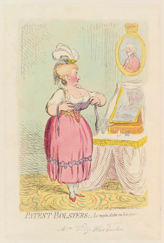 Maria anne fitzherbert (née smythe) ('patent bolsters; le moyèn d'etre en bon point') npg d12427