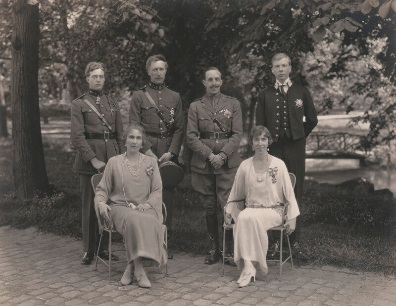 Leopold iii, king of the belgians; victoria eugenie ('ena') of battenberg, queen of spain; king albert i of belgium; alfonso xiii, king of spain; elisabeth of bavaria, queen of belgium; prince charles of belgium, count of flanders npg x199625