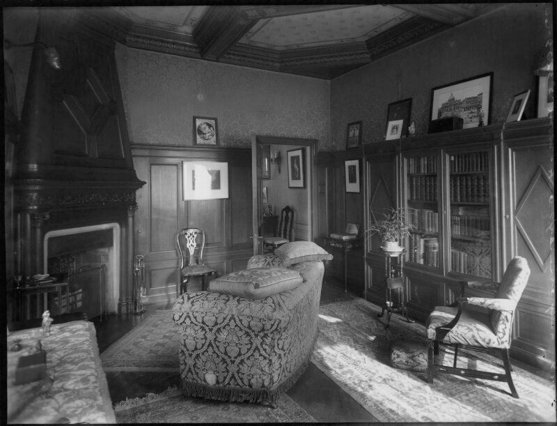 The oak room and library in grace lowrey (née woodruff), lady ashfield's home npg x183788