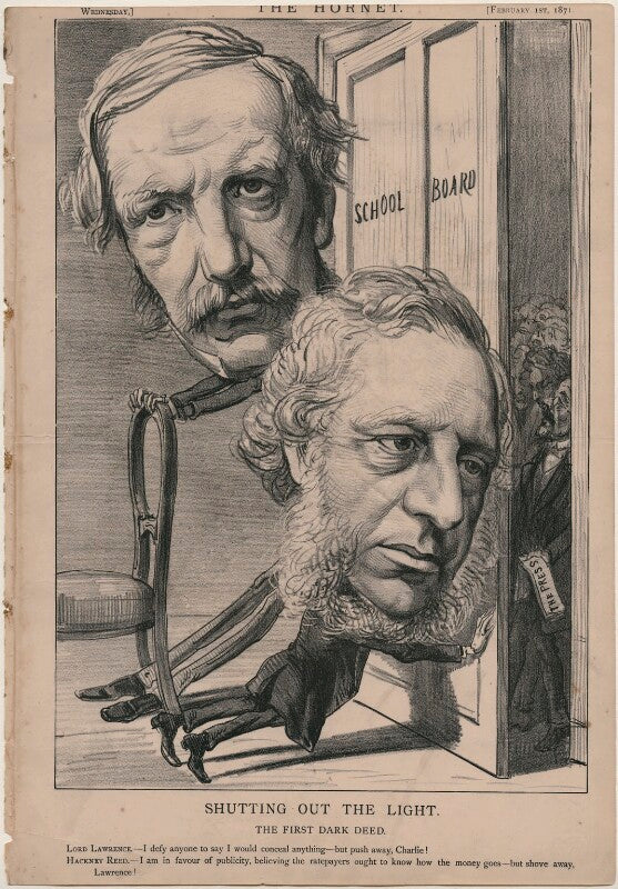 'shutting out the light. the first dark deed' (john laird mair lawrence, 1st baron lawrence; sir charles reed) npg d48221