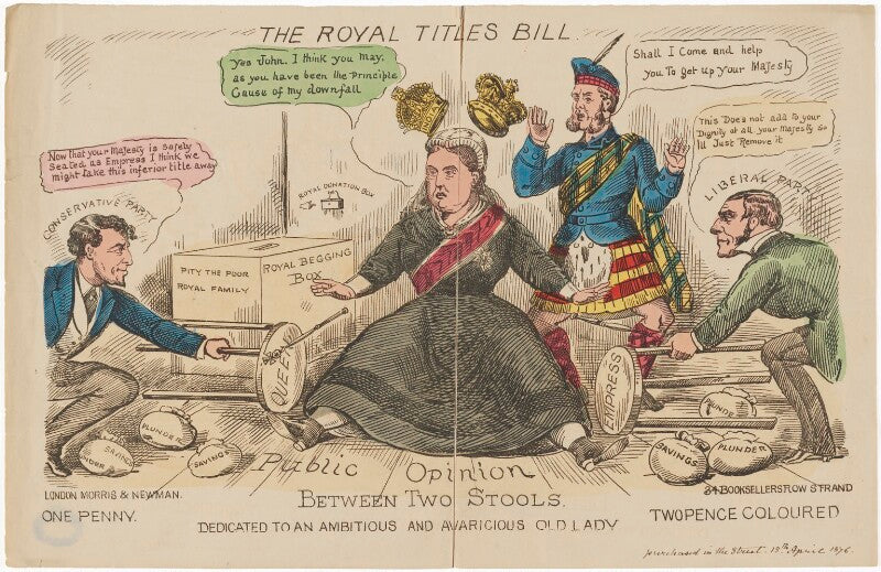 'the royal titles bill between two stools' (benjamin disraeli, earl of beaconsfield; queen victoria; john brown; william ewart gladstone) npg d48207