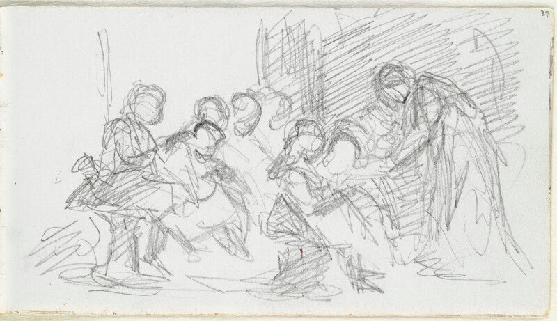 Sketch of an unknown woman and seven children, possibly in a classroom npg d23146(37)