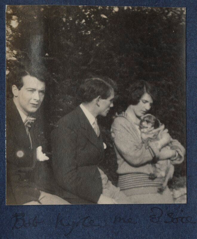 Bob gathorne hardy; kyrle leng; julian vinogradoff (née morrell) with her pug soie npg ax141490