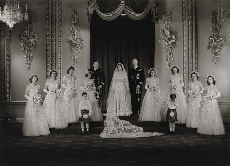 Wedding of queen elizabeth ii and prince philip, duke of edinburgh, with bridesmaids and page boys (queen elizabeth ii; prince philip, duke of edinburgh; hon. margaret rhodes (née elphinstone); lady pamela carmen louise hicks (née mountbatten); lady ...) npg x158907