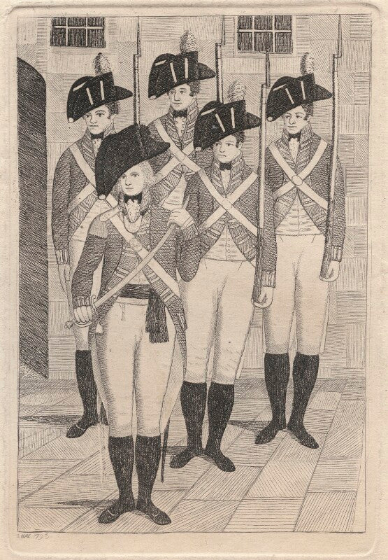 Charles johnstone when an ensign in the hopetoun fencibles, with four unknown soldiers npg d45913