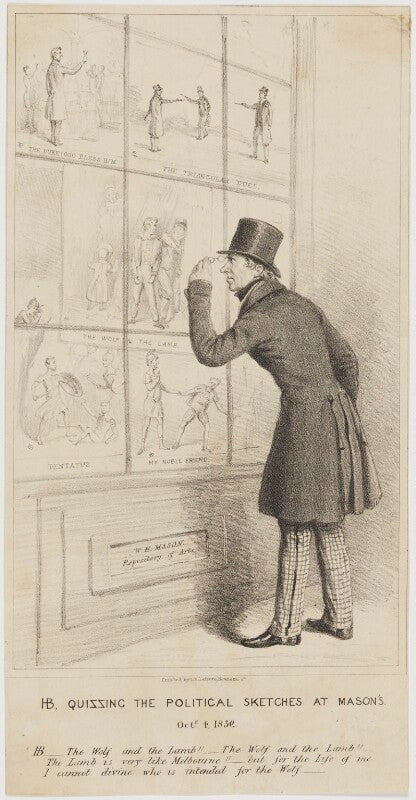 Henry brougham, 1st baron brougham and vaux ('hb, quizzing the political sketches at mason's') npg d48638