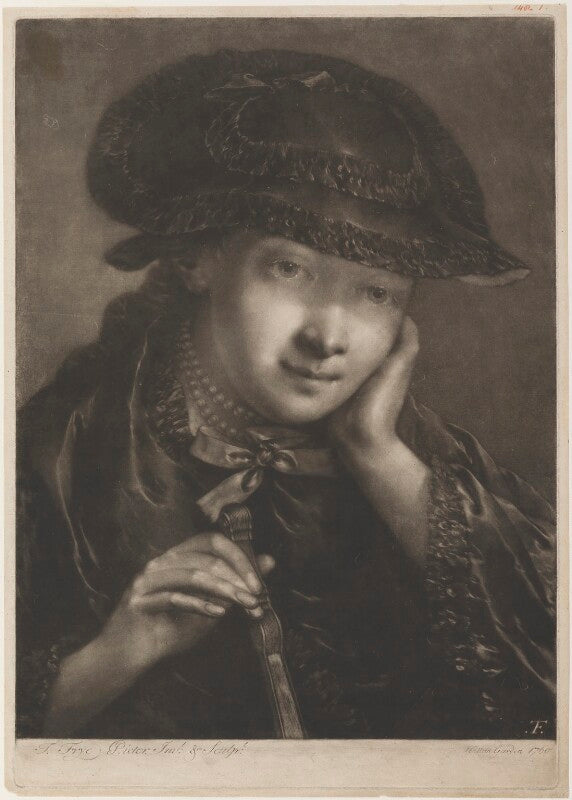 Young woman wearing dark hat and holding a closed fan npg d11288