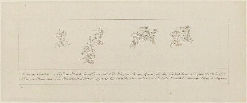 Joseph ii, holy roman emperor; maximilian franz, archduke of austria; albert, duke of saxe teschen; françois maurice, comte de lacy; ernst gideon von loudon; karl hadik; dagobert sigismond, comte de wurmser npg d15938