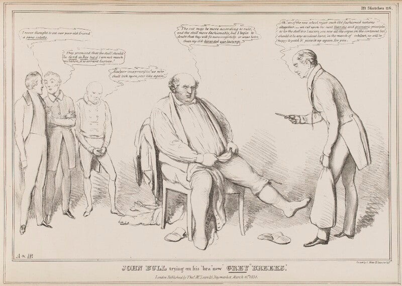 John bull trying on his "bra" new grey "breeks" npg d41051