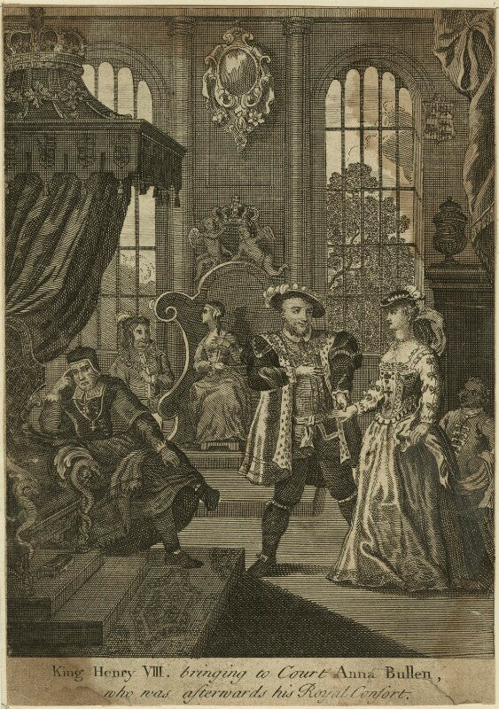 King henry viii bringing to court anna boleyn, who was afterwards his royal consort (thomas wolsey; henry algernon percy, 6th earl of northumberland; katherine of aragon; king henry viii; anne boleyn) npg d24176