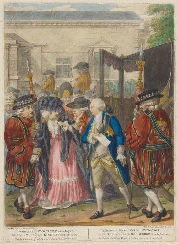 'margaret nicholson, attempting to assassinate his majesty king george iiid, at the garden entrance of st james's palace, 2d august 1786' (margaret nicholson; king george iii) npg d47049