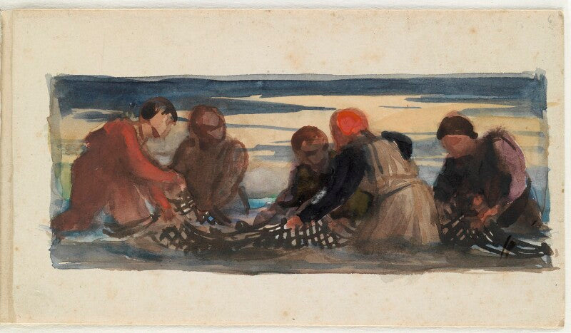 Group of five men working with a net npg d23146(6)