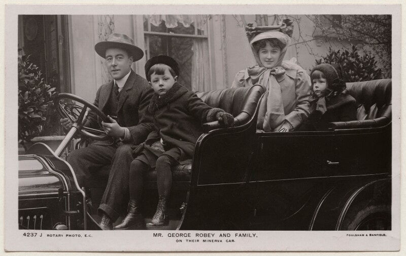 'george robey and family on their minerva car' (george robey; edward george robey; ethel haydon; eileen robey) npg x198160