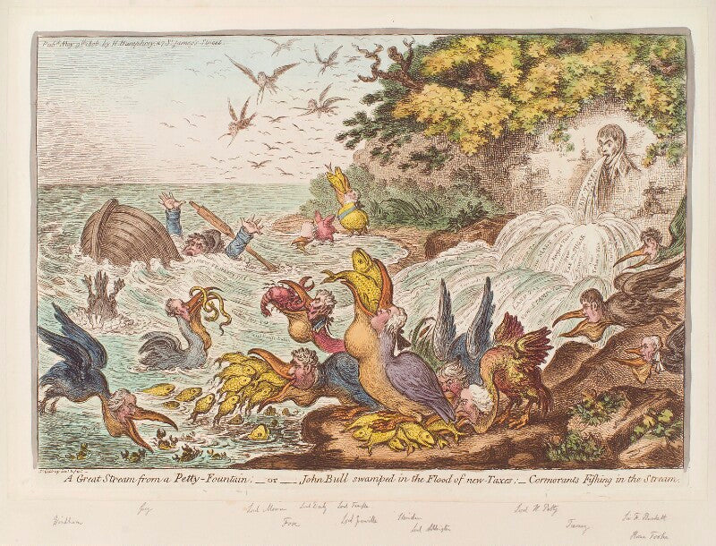'a great stream from a petty fountain; or john bull swamped in the flood of new taxes: cormorants fishing in the stream' npg d12908