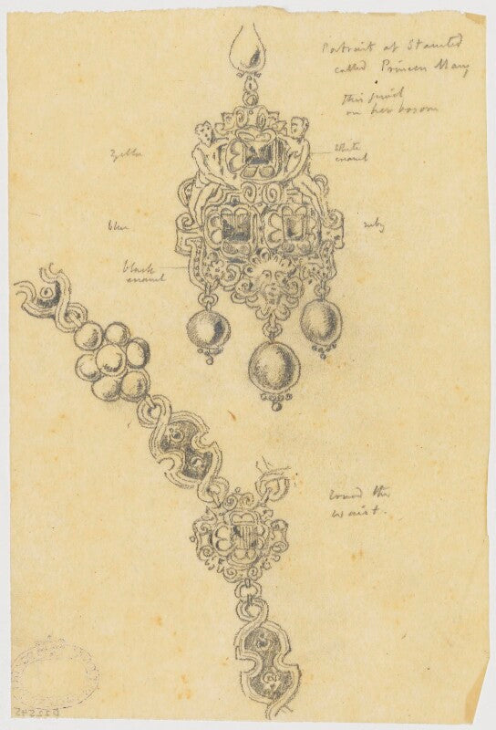Detail of jewels from portrait of lady mary fitzalan, duchess of norfolk, formerly identified as mary, queen of scots npg d22545