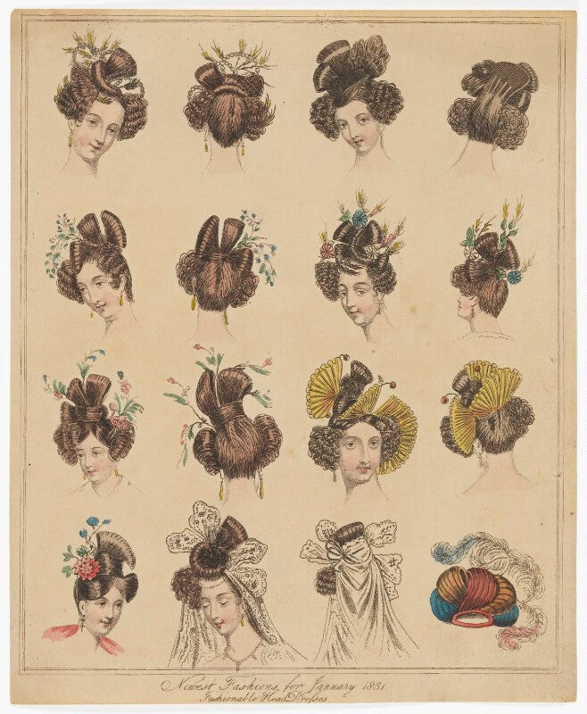 'newest fashions for january 1831. fashionable head dresses' npg d47655
