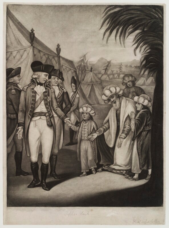 'tippoo saib's two sons deliver'd up to lord cornwallis' (includes charles cornwallis, 1st marquess cornwallis; tipu, sultan of mysore; sultan mu'izz ud din; sultan abdul khaliq and four other unidentified figures) npg d20141