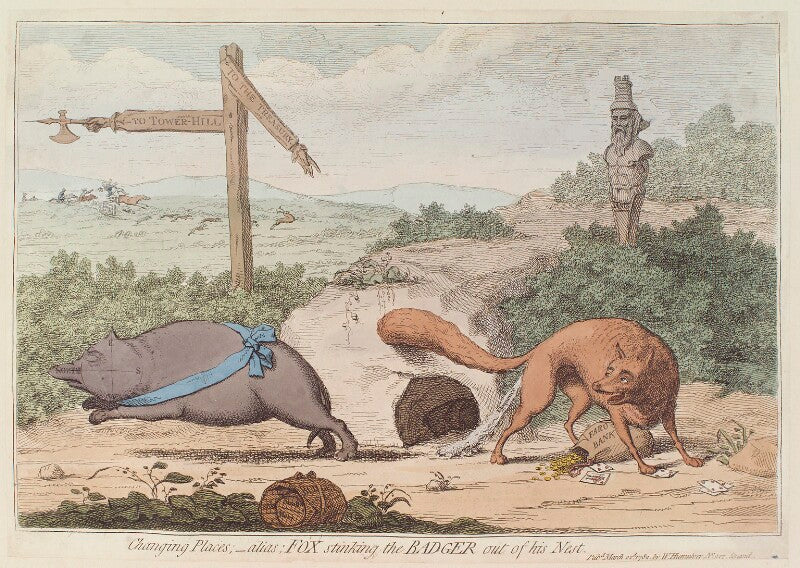 'changing places; alias; fox stinking the badger out of his nest' npg d12982