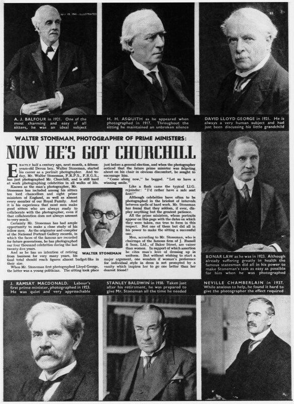 Walter stoneman (copy of newspaper article, including walter stoneman's photographs of seven prime ministers) npg x515