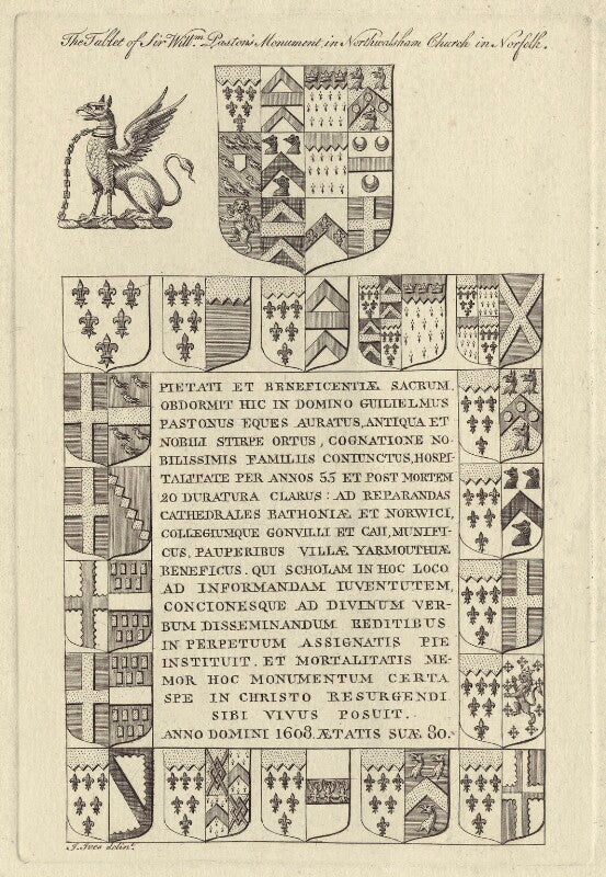 The tablet of sir william paston's monument in north walsham church in norfolk npg d28996