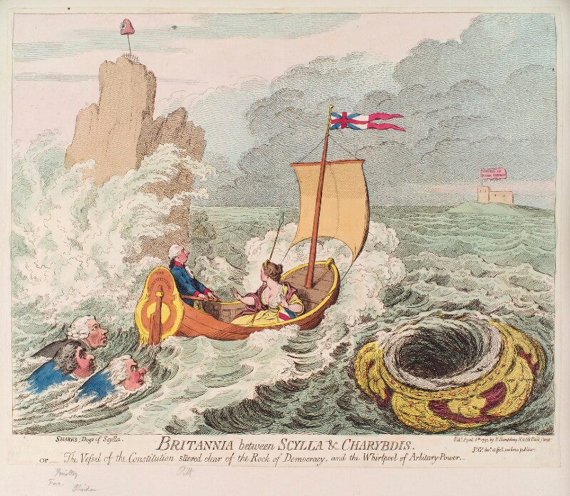 'britannia between scylla and charybdis' (charles james fox; joseph priestley; richard brinsley sheridan; william pitt; britannia) npg d12475