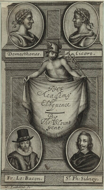 Demosthenes, cicero, francis bacon and sir philip sidney in the title page to blount's 'the academy of eloquence' npg d25389