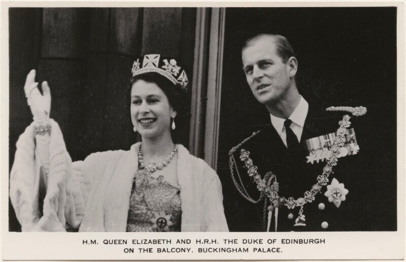 'h.m. queen elizabeth and h.r.h. the duke of edinburgh on the balcony, buckingham palace' (queen elizabeth ii; prince philip, duke of edinburgh) npg x193055