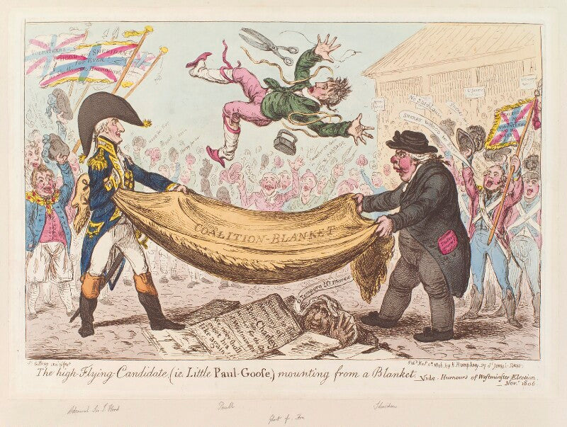 'the high flying candidate, (i.e. little paul goose,) mounting from a blanket' npg d12882