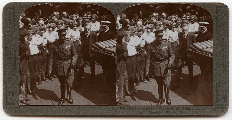 'king george v inspecting the shells at holmes and co., ltd, munition works, hull' npg x134435
