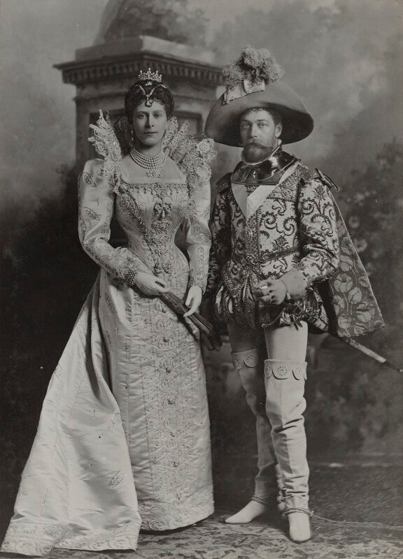 Queen mary when duchess of york as a lady of the court of marguerite de valois and king george v when duke of york as george clifford, earl of cumberland npg ax26484