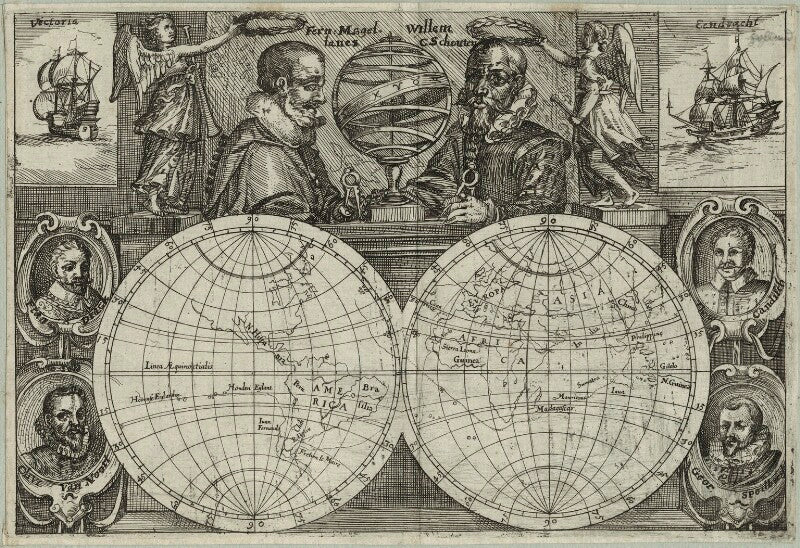 Cicumnavigators; sir francis drake; oliver van noort; ferdinand magellan; wilhelm schouten; thomas cavendish; george spilman npg d25408