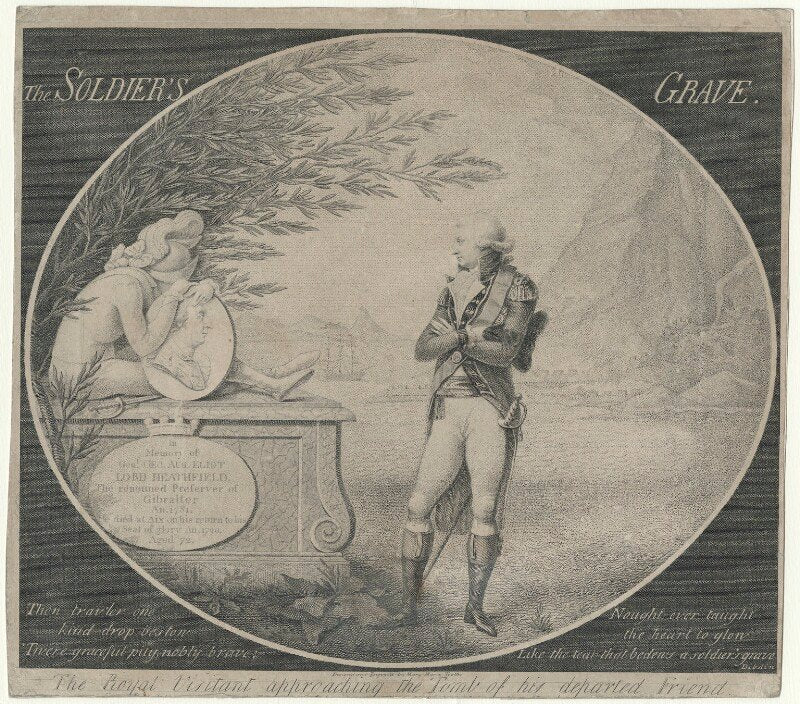 'the royal visitant approaching the tomb of his departed friend' (george augustus eliott, 1st baron heathfield with an unknown man) npg d35668