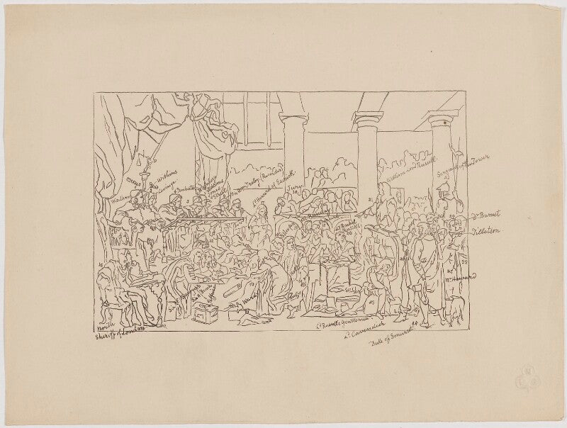 "key to the trial of william russell, lord russell 1683" (william russell, lord russell; william cavendish, 1st duke of devonshire; charles seymour, 6th duke of somerset; three unknown sitters and 26 others) npg d39939