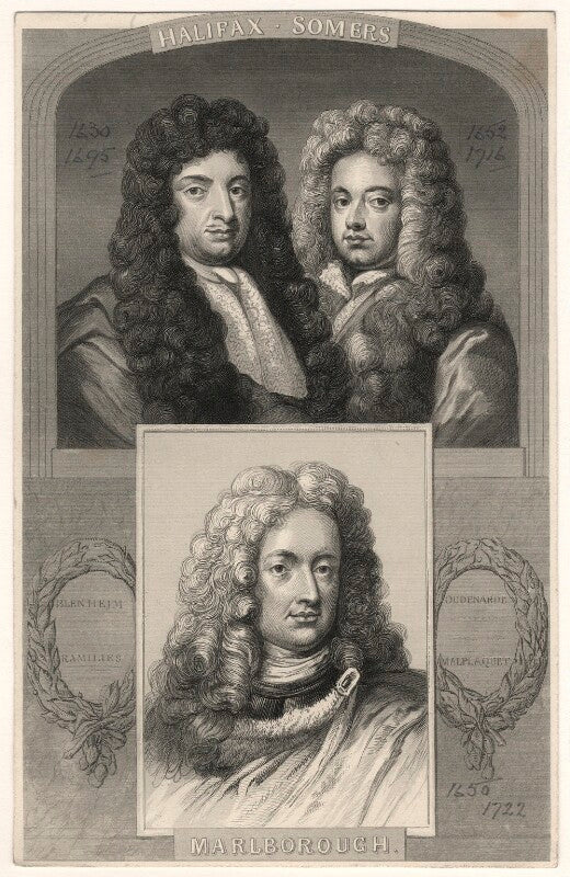 George savile, 1st marquess of halifax; john somers, baron somers; john churchill, 1st duke of marlborough npg d17874