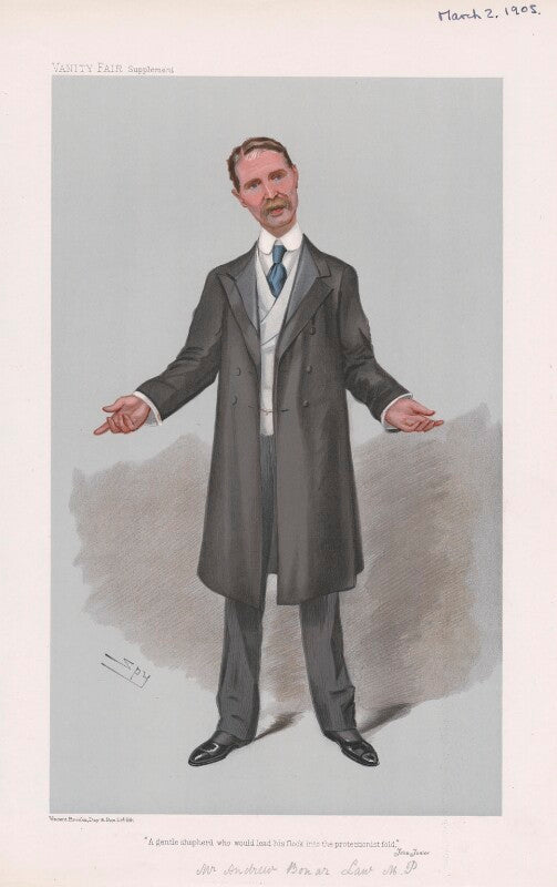 Bonar law ('men of the day. no. 943. "'a gentle shepherd who would lead his flock into the protectionist fold.' jehu junior"') npg d45264