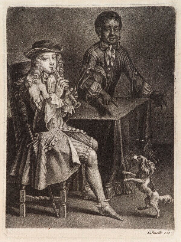Man playing pipe with a dancing dog npg d11788