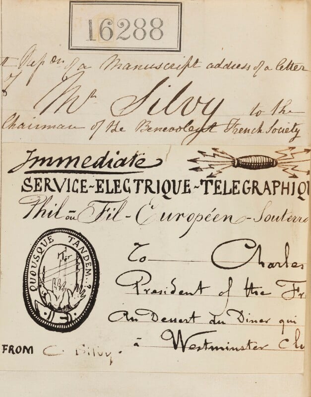 'reproduction of a manuscript address of a letter of mr silvy to the chairman of the benevolent french society' npg ax64203