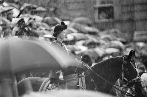 Black and white photograph of Queen Elizabeth II at the Trooping of the Colour taken by Michael Ward, 1967.