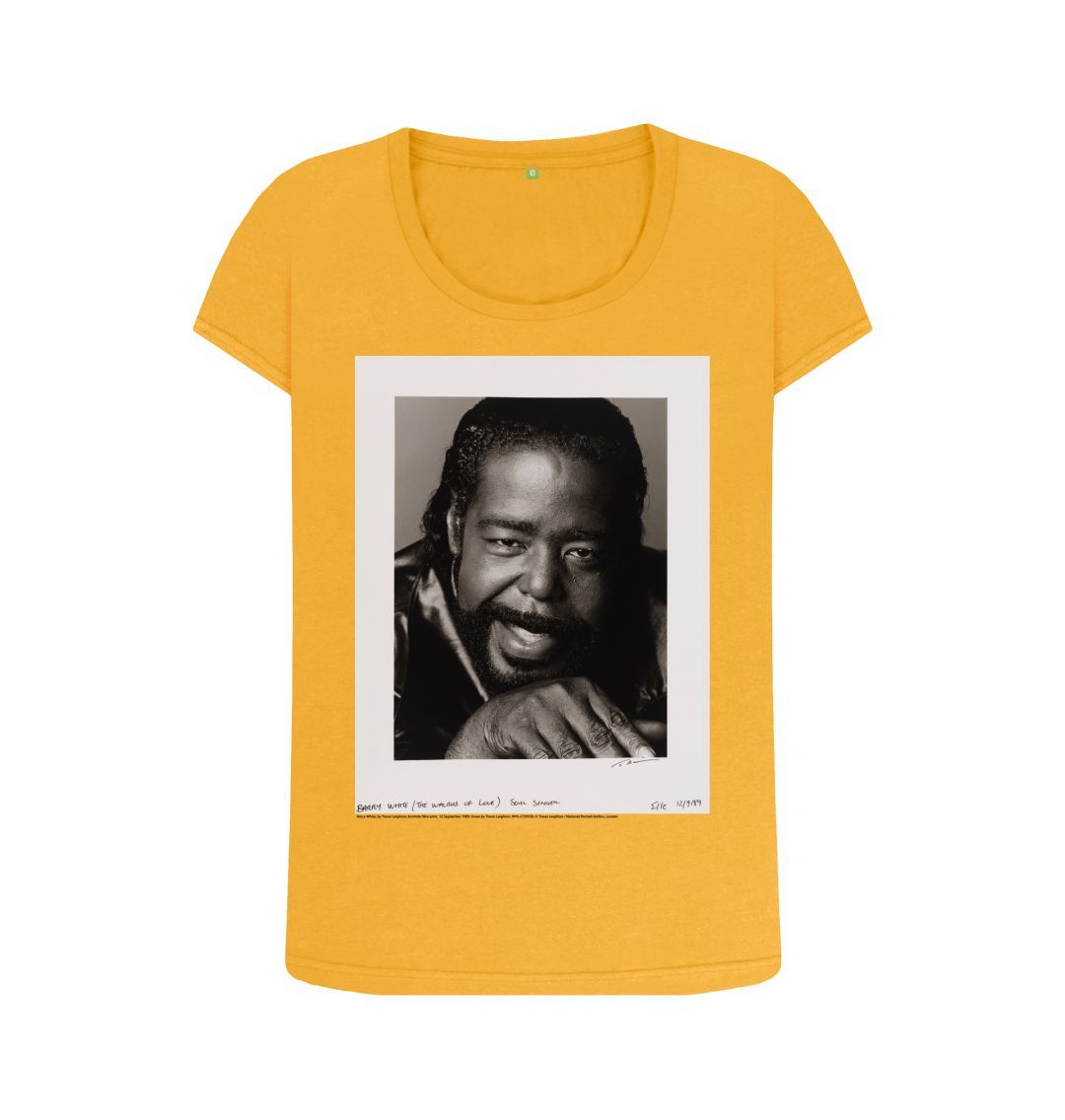 Mustard barry white women's scoop neck t shirt
