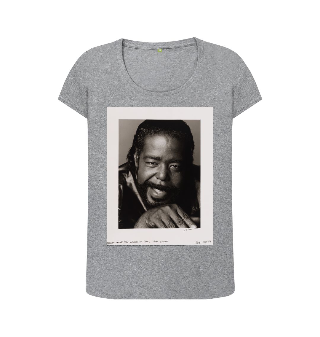Athletic grey barry white women's scoop neck t shirt