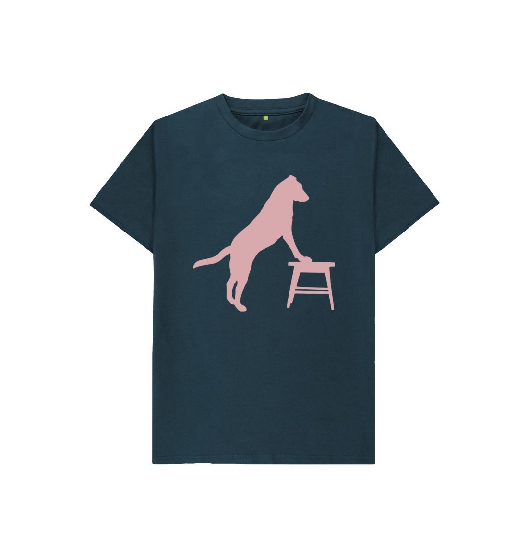 Denim blue hubert leslie dog and stool silhouette kids t shirt
