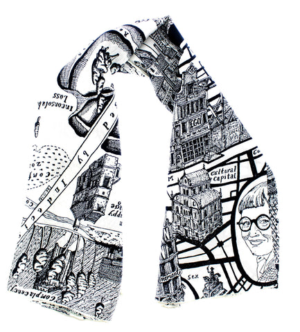 A loose scarf displaying a black and white map of a walled city and a self-portrait of Grayson Perry in the corner.
