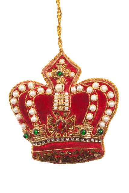 Handmade fabric sewn royal red crown decoration with gold embroidered detailing and beads.