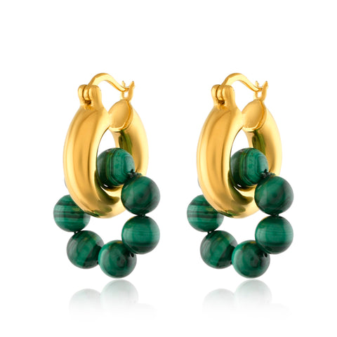 Sura gold chunky hoop earrings with green malachite balls.