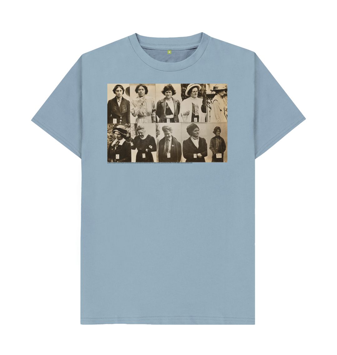 Stone blue 'surveillance photograph of militant suffragettes' unisex t shirt