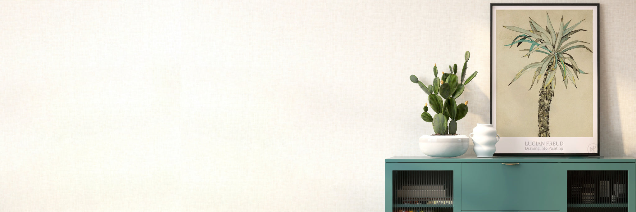 Print included in the npg archive sale 2026 on a cabinet next to a vase and potted plant