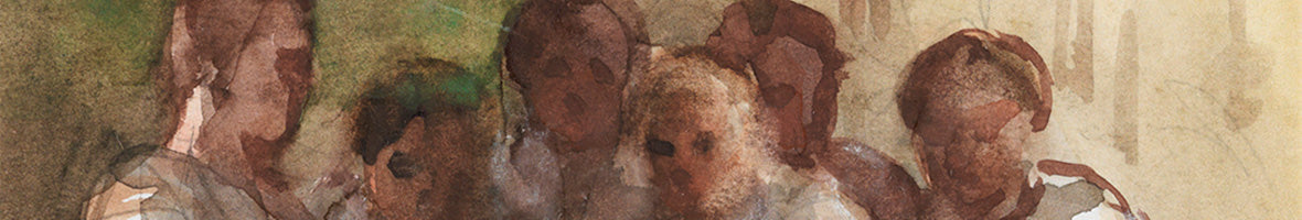 A painting of a choir gathered together and singing against a backdrop of green christmas decorations.