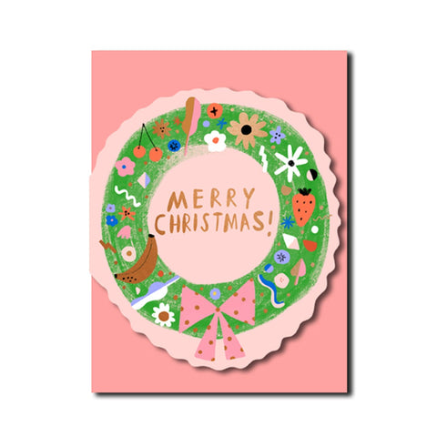 Wreath cut out card shown with pink envelope