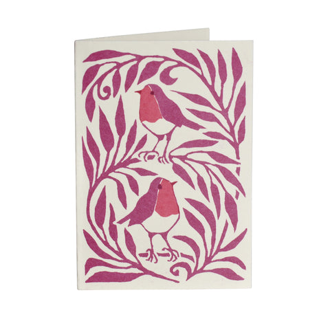 A white card with two pink robins sitting on branches. 