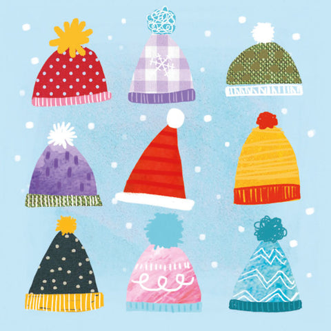 A Christmas card featuring nine winter hats in the snow